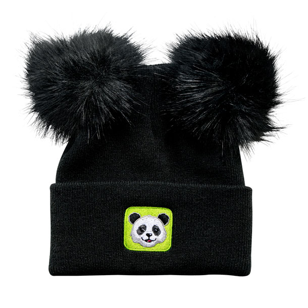 black stocking hat with two black pom poms on the top with panda patch on the front.